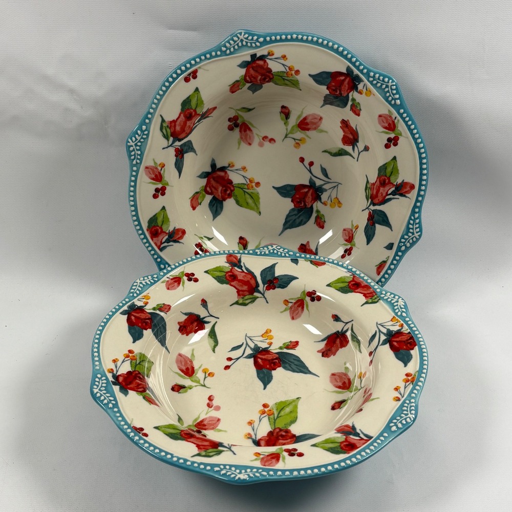 Pioneer Woman Jolly Rosebuds Low Rim Bowl Set of 2 Scalloped Teal Soup Pasta